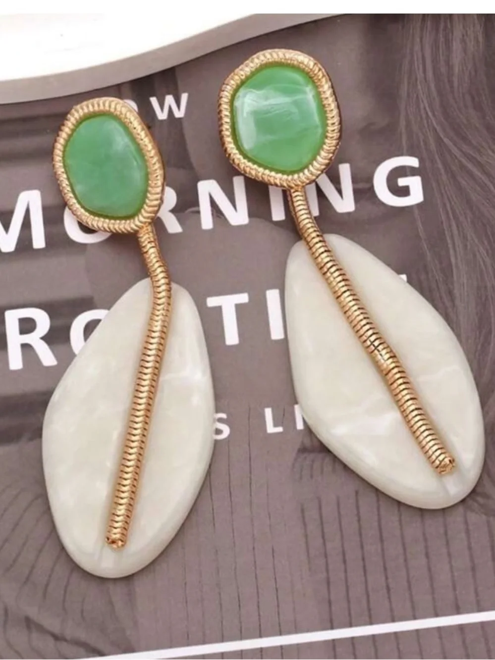 Gold-Tone Earrings with Green Stone & Cream Drop